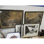 Two antique style black and white prints, 12ins x 16ins, together with four 19th century framed