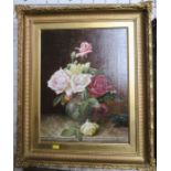 Carl Ferdinand Hurten, oil on canvas, still life of roses in a vase on a ledge, 17.5ins x 13.5ins