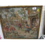 Antique style framed embroidery, figures playing bowls, 17ins x 19ins
