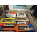 A box of continental boxed model railway carriages, to include Markein, Roco, Fleischmann, etc.