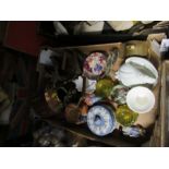 A box of sundries to include Wedgwood, paperweights, jug, kettle and stand, etc.
