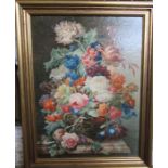 After Joseph Nigg, a gilt framed coloured lithograph, still life study of flowers on a marble ledge,