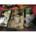 Three boxes of sundry china and glass, including oil lamp