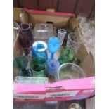 A box of assorted coloured glass, etc.