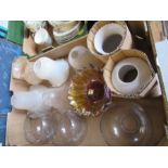 Three boxes of assorted oil lamp parts, lamp shades