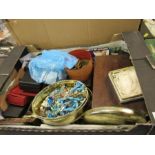 A box of assorted costume jewellery, coins, and watches