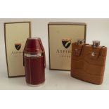 Aspinal of London, a boxed leather covered double hip flask, together with a boxed set of shot