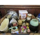 Three boxes of assorted china, ornaments, etc., including putti, piggy bank, silver plate, steins,