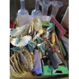 A box of sundries, to include decanters, scallop shells, cutlery, etc.