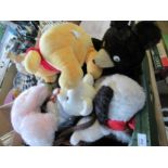 A box of assorted soft toys, DVDs, etc.