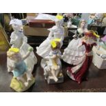 Six various Worcester figures - The blank Worcester model of a girls is cracked to the base, the