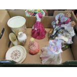 A box of sundries to include figures, vase, etc.