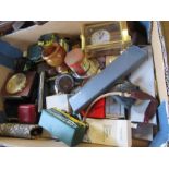 Two boxes of sundries, including clocks, glass, ornaments, treen item, etc.