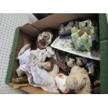 A box of sundries to include animal models, busts, sacred figure, paper knife, etc.