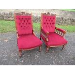 Edwardian grandfather's and grandmother's chairs, having carved backs and raised on turned front