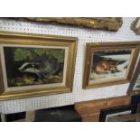 John Edwards, pair, oil on board, badger and fox, 9ins x 13ins