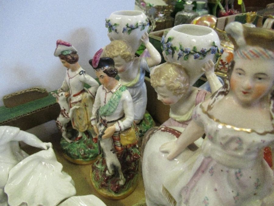 A box containing two Staffordshire dogs, various Staffordshire figures, a continental mirror - Image 4 of 7
