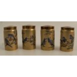 A set of four Royal Worcester metallic pots, of cylindrical form, each decorated with two birds on