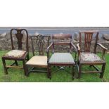 A Regency mahogany open arm dining chair, together with another open arm dining chair and two single