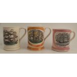 Three 19th century Staffordshire pottery frog mugs, all printed with a ship to one side and verse to