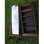 A mahogany cheval mirror, height 62ins, together with a narrow oak bookcase, height 49.5ins, width