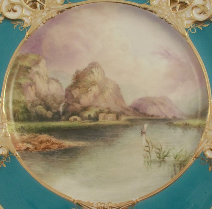 A set of four 19th century Royal Worcester cabinet plates, three decorated with landscapes, one with - Image 6 of 7