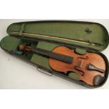 A violin, with two piece back, length excluding button 14ins, together with bow, cased