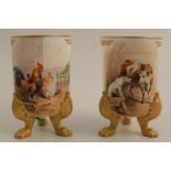 A pair of Royal Worcester cylindrical vases, painted to the fronts with The Cock and the Jewel and