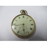 A 15 carat gold open faced pocket watch, the white enamel dial with black Roman numerals, blued