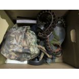 A box of shooting equipment, to include decoy birds, cartridge cases, etc.