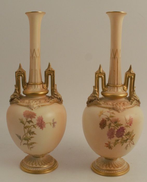 A pair of Royal Worcester blush ivory vases, decorated with flowers, on a pedestal foot, shape - Image 2 of 3