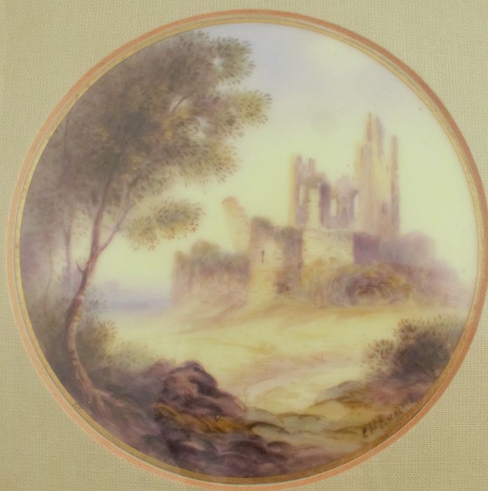 A Royal Worcester circular porcelain plaque or plate centre, ruined buildings in landscape by George - Image 2 of 5