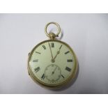 An Edwardian 18 carat gold open faced pocket watch, the white enamel dial with black Roman numerals,