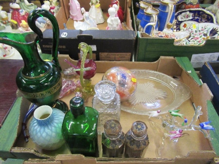 A satin glass lattice vase, together with a green glass ewer with Greek key decoration, various