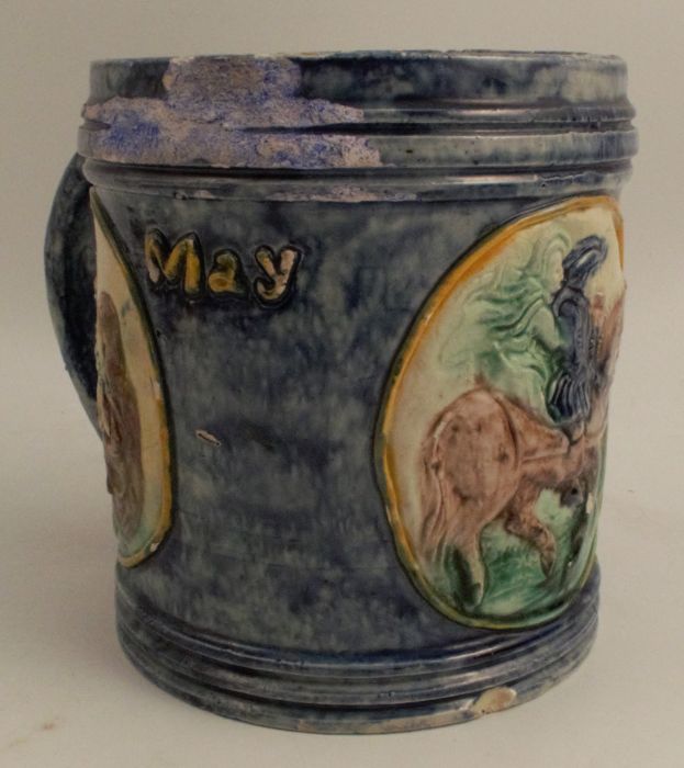 An Edward Bingham Castle Hedingham pottery tankard, decorated in relief with three roundels - Image 2 of 3