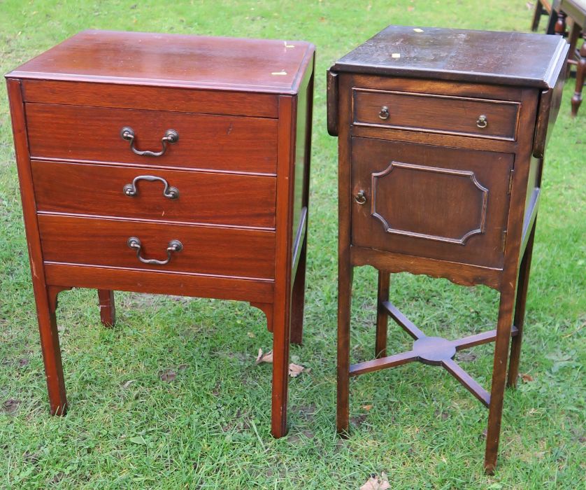 A Edwardian mahogany music cabinet, fitted with three drawers with drop flap fronts, width 19ins,