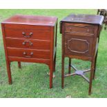 A Edwardian mahogany music cabinet, fitted with three drawers with drop flap fronts, width 19ins,