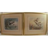 W E Powell, pair of watercolours, Flushed and Troubles Waters, ducks in flight, 8.5ins x 10.5ins