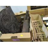 Two boxes of wooden carvings, to include carved fork, table top, etc.