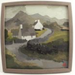 In the manner of Kyffin Williams, oil on board, landscape with white cottages, monogrammed AH, 13ins