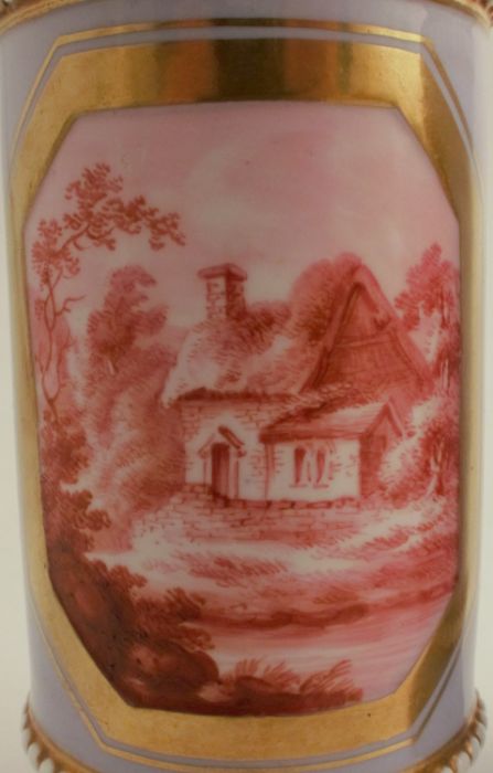 A pair of 19th century Spode spill vases, the pale purple ground reserving a landscape panel painted - Image 2 of 5