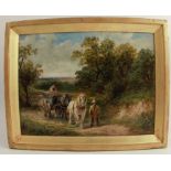 A 19th century English School, oil on canvas, rural scene with horses pulling a cart and figures,