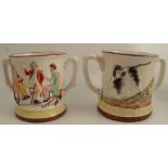 Two 19th century Staffordshire pottery frog loving mugs, two embossed with decoration Willie Brewd a