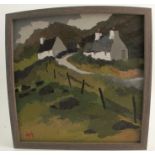 In the manner of Kyffin Williams, oil on board, landscape with white cottages, monogrammed AH, 13.