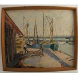 A 20th century oil on artist board, harbour scene, 19ins x 23ins