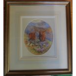 An oval watercolour, Highland cattle in landscape, bears signature H Davis, maximum diameter 8.5ins