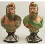 Two early 19th century Wood Pearlware busts, of Neptune and Hercules, on shaped bases, one stamped