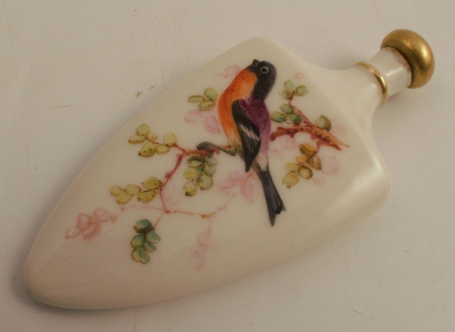 A Royal Worcester porcelain scent flask and stopper, decorated either side with a blue tit on branch - Image 2 of 2