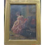 B Morgan, oil on canvas, interior scene with seated girl in pink dress, 7.5ins x 5.5ins