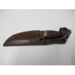 A horn handled Bowie knife, by Rowbotham of Sheffield, in leather sheath